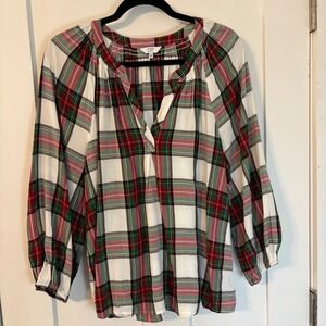 Crown & Ivy XXL Red Green Plaid Smocked Split Neck Peasant Blouse Chic Casual